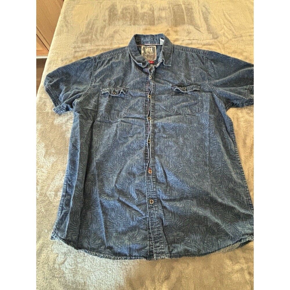 MBX Denim Wear Mens XL Slim Fit Short Sleeve Shirt Hawaiian Leafy Print Casual